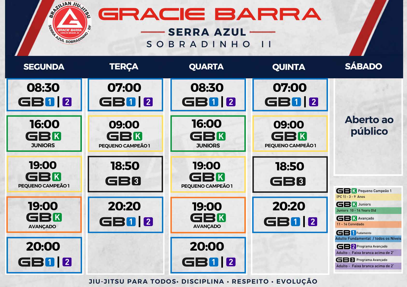 Grade oficial de horários da Gracie Barra Serra Azul Sobradinho II